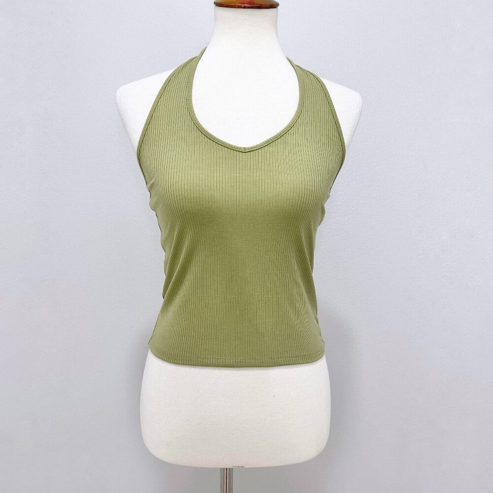 AEO American Eagle Green Fitted V-Neck Halter Ribbed Knit Tank Top Women's S